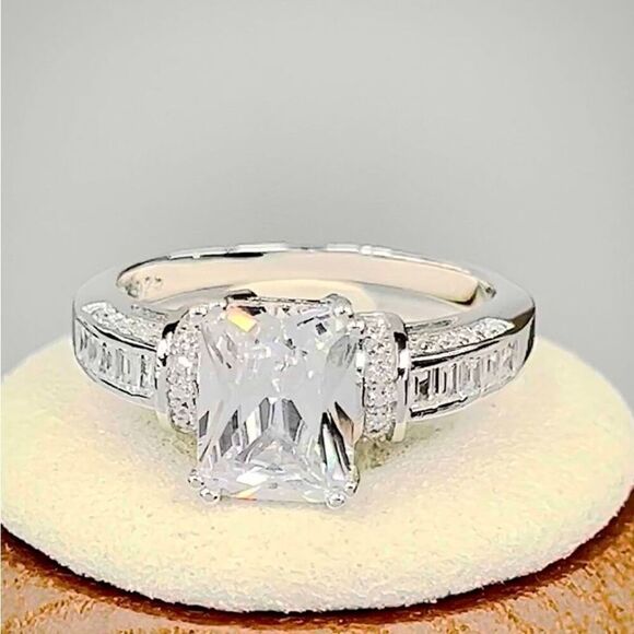Sterling Silver Clear Emerald Cut CZ Ring New - Picture 10 of 13